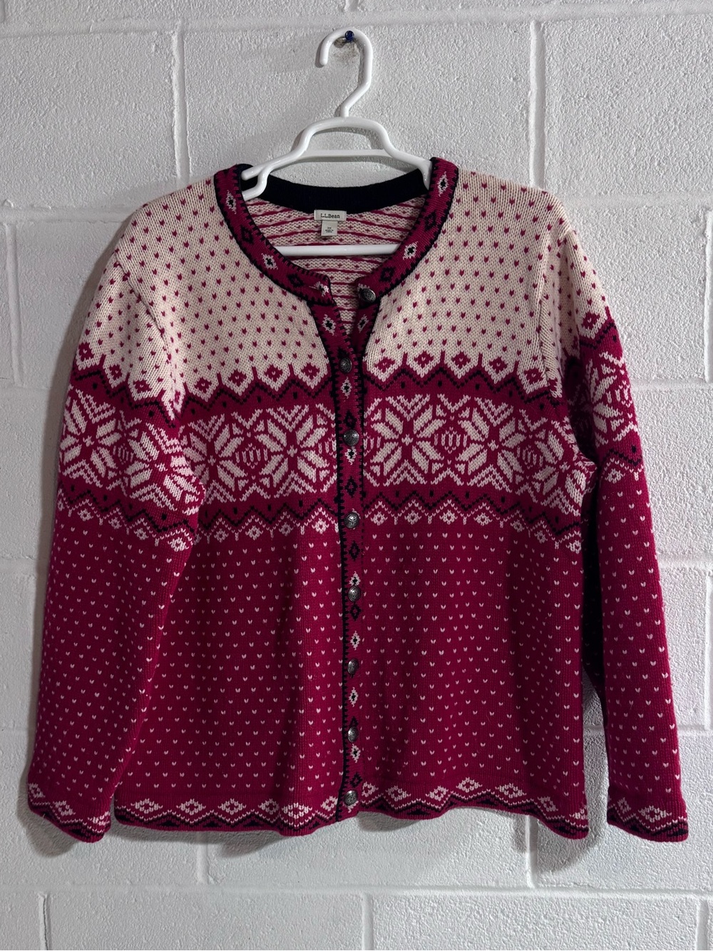 LL Bean Classic Nordic Button-Front Sweater Cardigan Lambswool